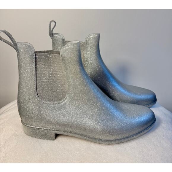 J Crew Mercantile Silver Gray Sparkle Rainboot Rubber Ankle Boot Wellie 10 NEW - Picture 3 of 9